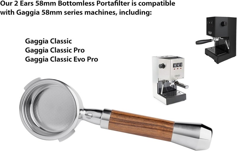 LLQ 58mm Bottomless Naked 2 Ears Portafilter Compatible with Gaggia Machines– Includes 18–20g Basket (Aluminum Flat, 58mm For Gaggia) - Image 2